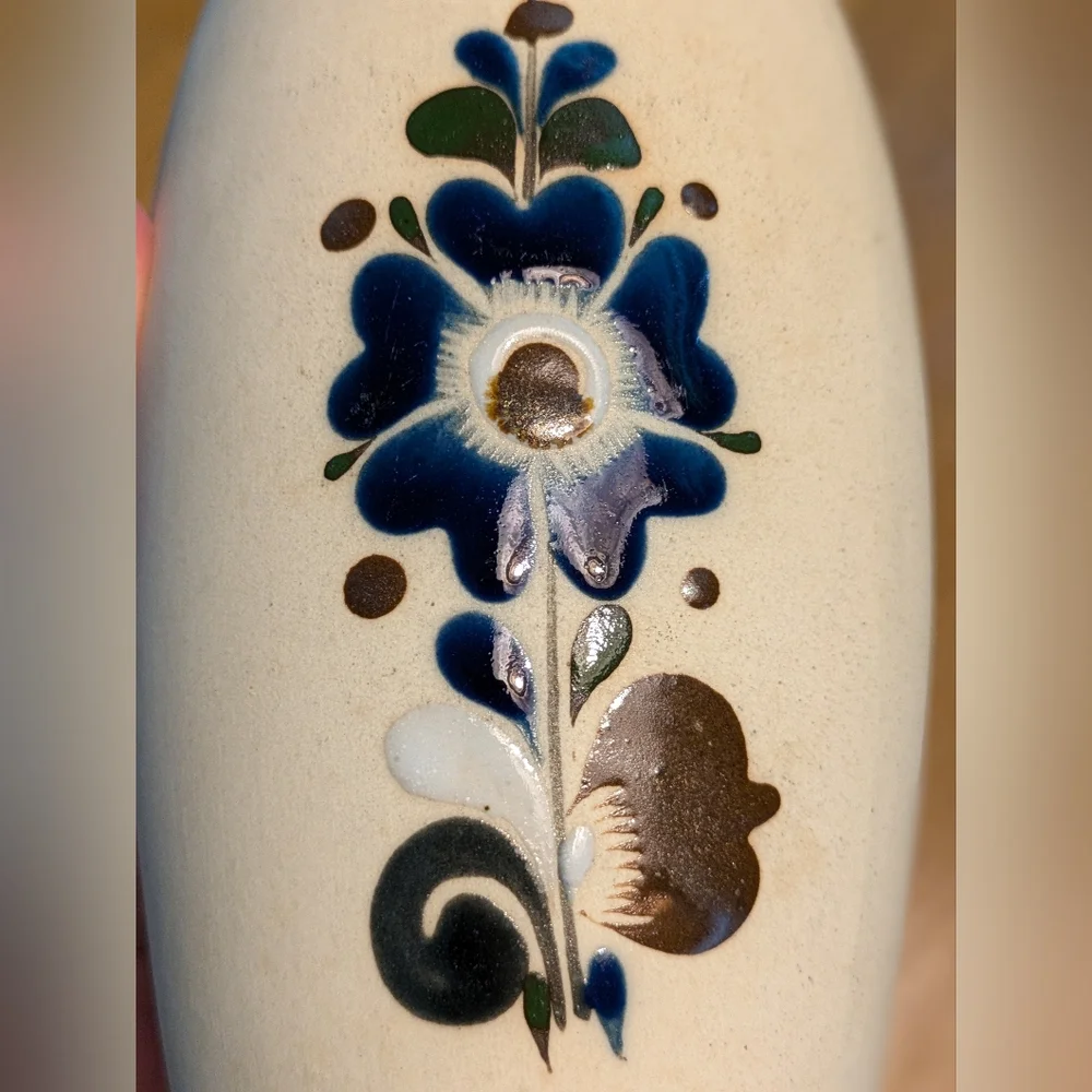 Vintage Tonala Sandstone Mexican Pottery Vase Flowers Floral Blue Brown Signed